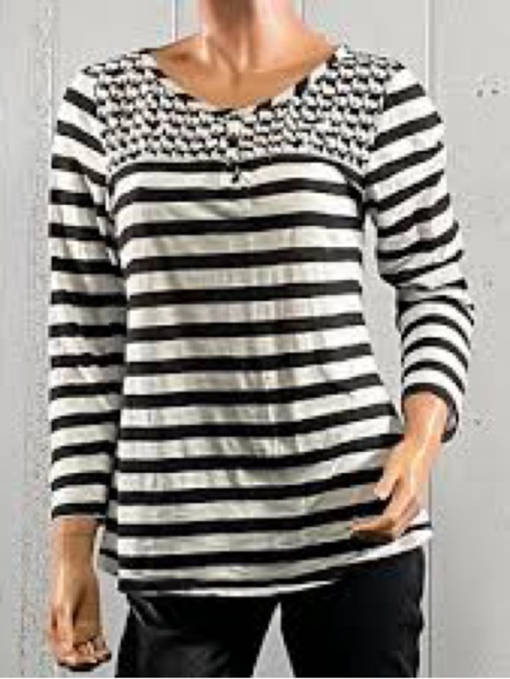 Anthropologie Black and White Striped Long Sleeve Top with Patterned Yoke